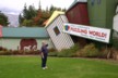 Jane about to catch a building at Puzzling World