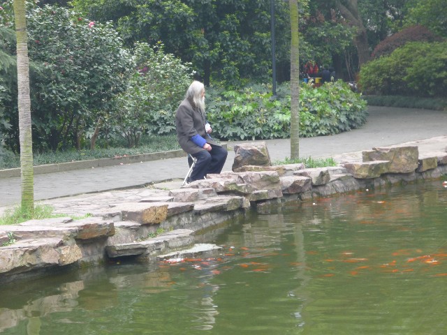 Old man feeding fish