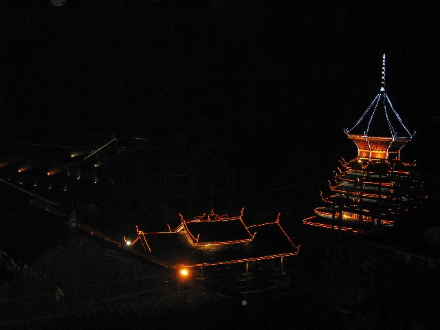Drum tower lit up at night
