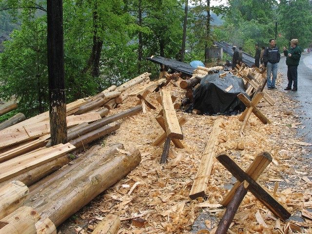 Reparing wood to rebuild house over the other side of river so no need to bring rubbish back over river