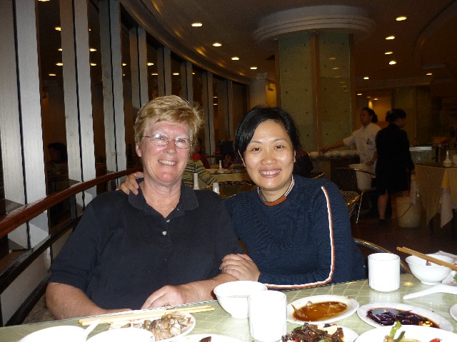 Jane with Lily at dinner