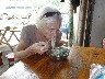 Mary showing how to eat like a Chinese person